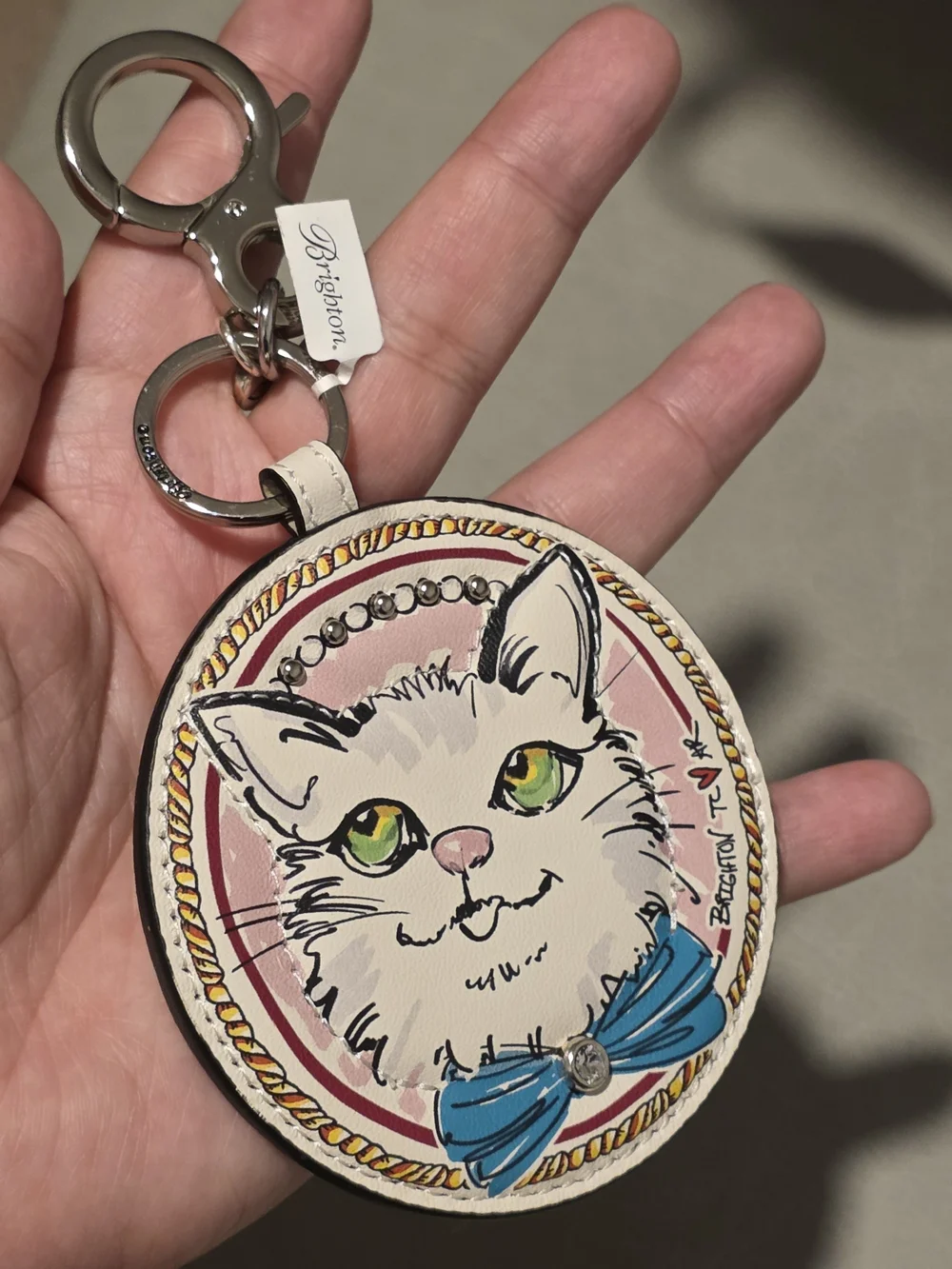 Brighton White Cat Kitty Keychain Pink Reversible Handbag Fob Key Chain NEW